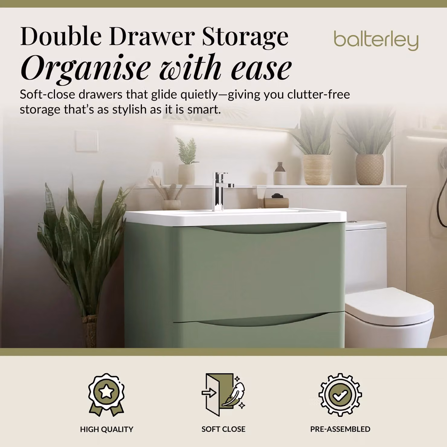 Balterley 2 Drawer Bathroom Vanity Unit and Basin, Green, Width: 75.5 cm – 2