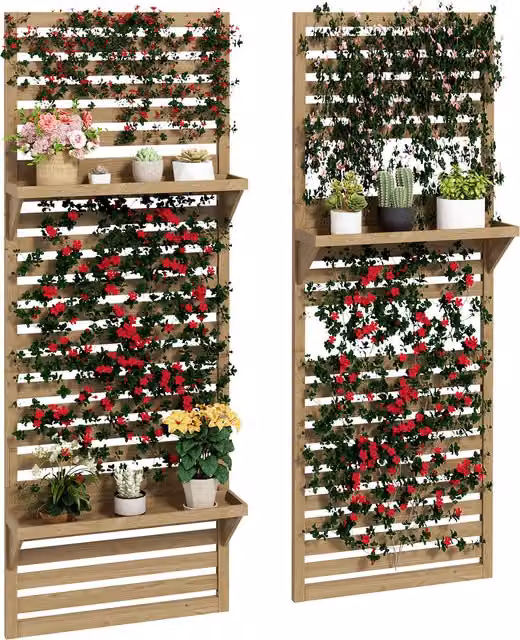 Outsunny Set of 2 Brown Fir Wood Wall Mounted Plant Stands with Shelves and Slatted Trellis