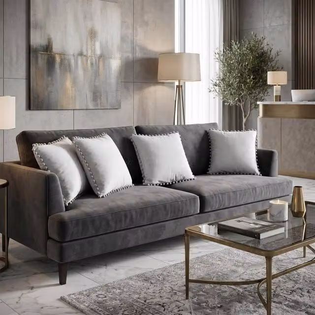 Luxury Living Set of 4 Silver Velvet Square Cushions with Pom Trim, W/D/H: 43 x 43 x 43 cm