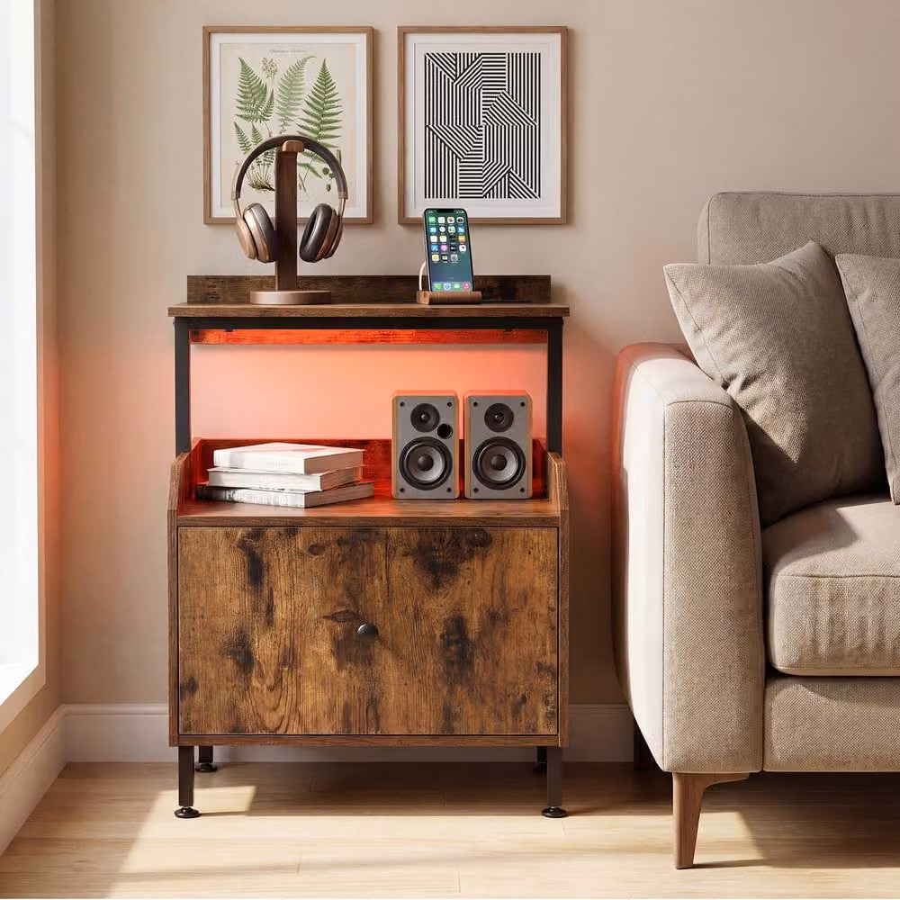 Gymax Industrial Bedside Nightstand with Integrated Lighting and Charging Station, Brown – 3