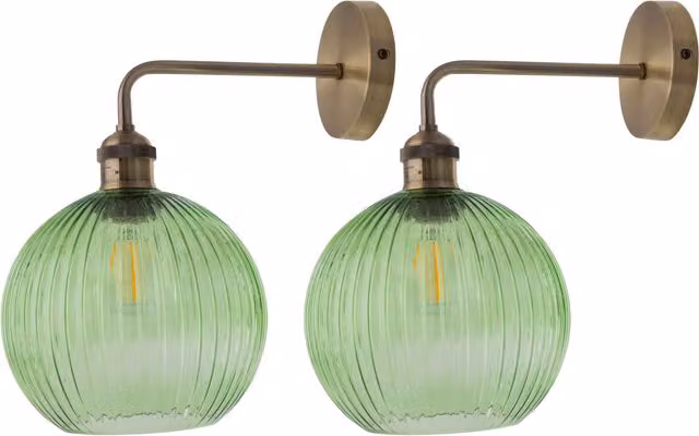 First Choice Lighting Isaac Set of 2 Antique Brass Wall Lights with Green Glass Ribbed Shades in Bronze