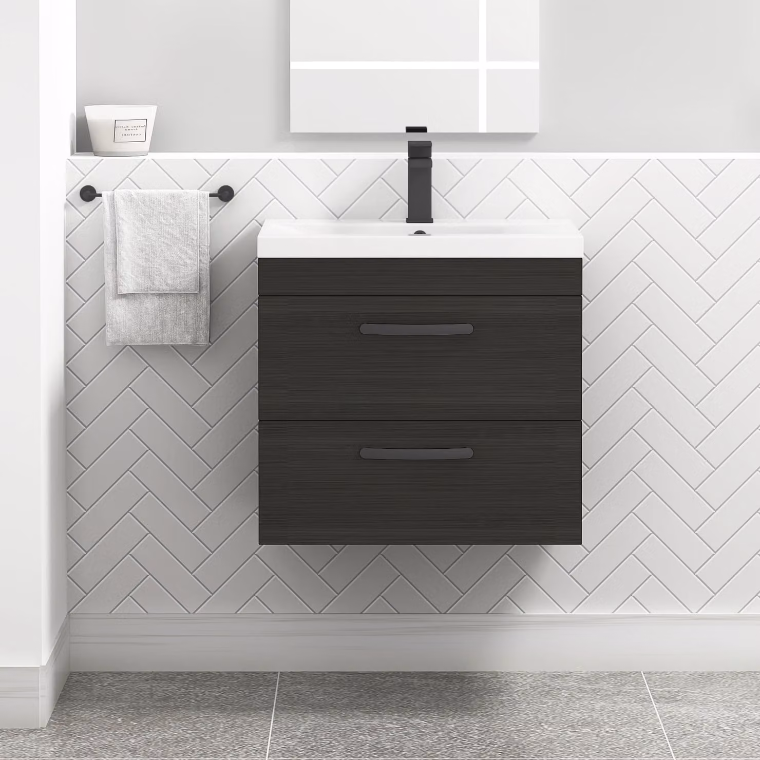 Royal Bathrooms Turin 600mm Wall Hung Vanity Unit in Charcoal Oak with 2 Drawers and Matt Black Handles