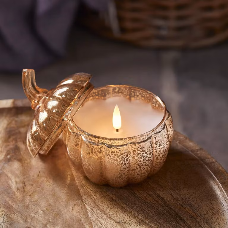 TruGlow Gold Glass Pumpkin Jar with Remote Controlled Flicker Effect Candle