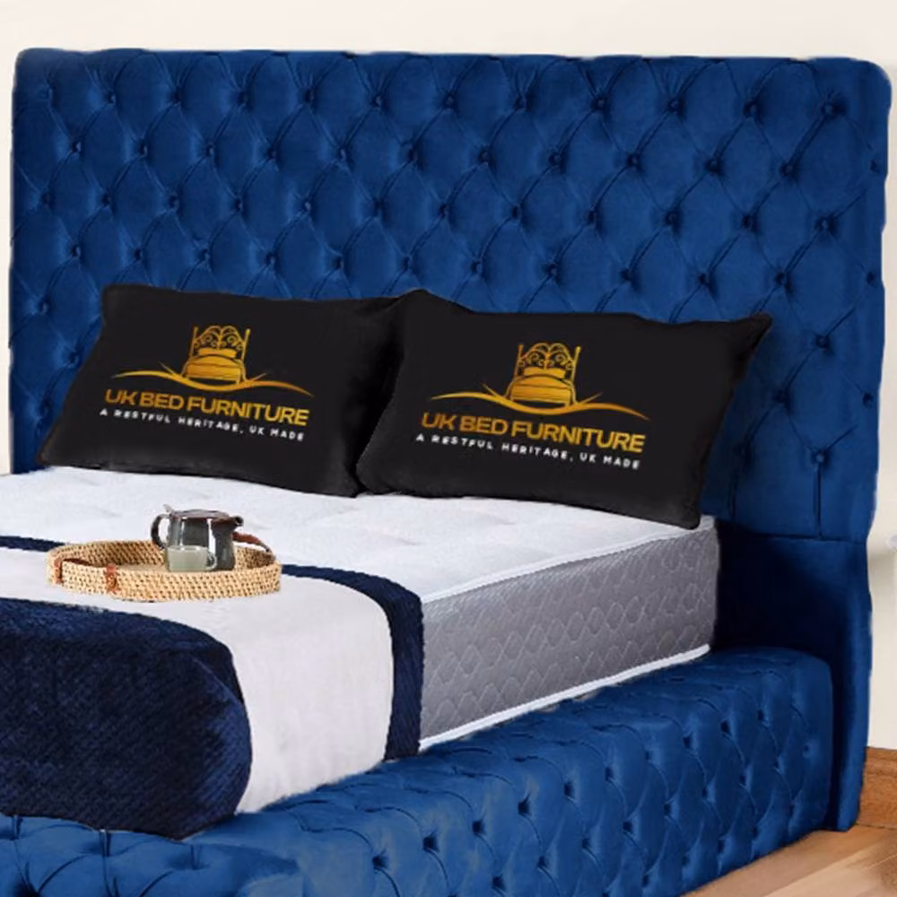 UK Bed Furniture Ambassador Ottoman Gas Lift Upholstered Velvet Bed in Blue, Size: Small Double – 2