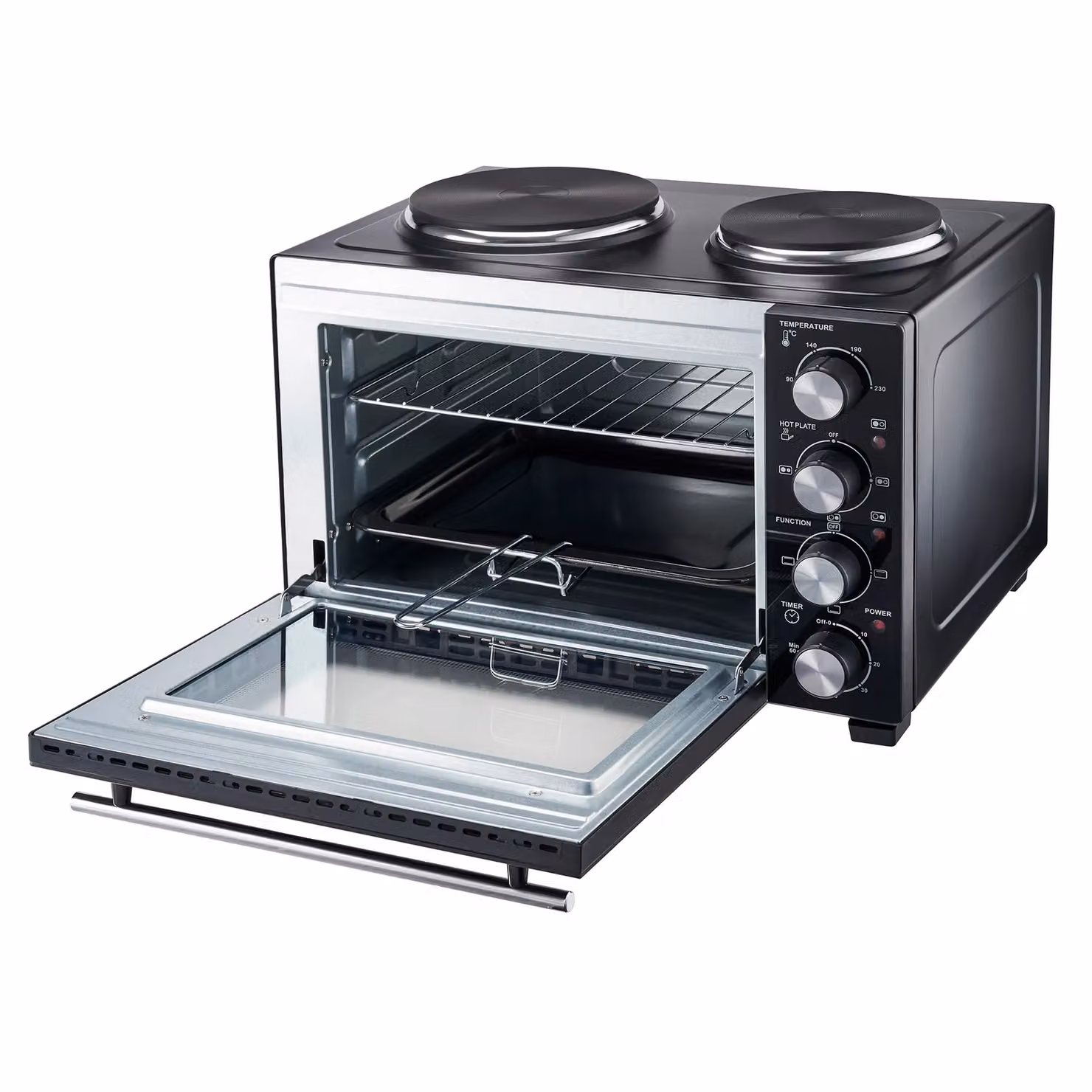Cooks Professional 28L Mini Portable Oven with Two Cast Iron Hobs, Grill and Convection Functions, Black and Silver – 6