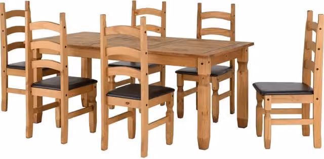 Seconique Corona 6ft Rectangular Dining Set in Distressed Waxed Pine, Brown and Black