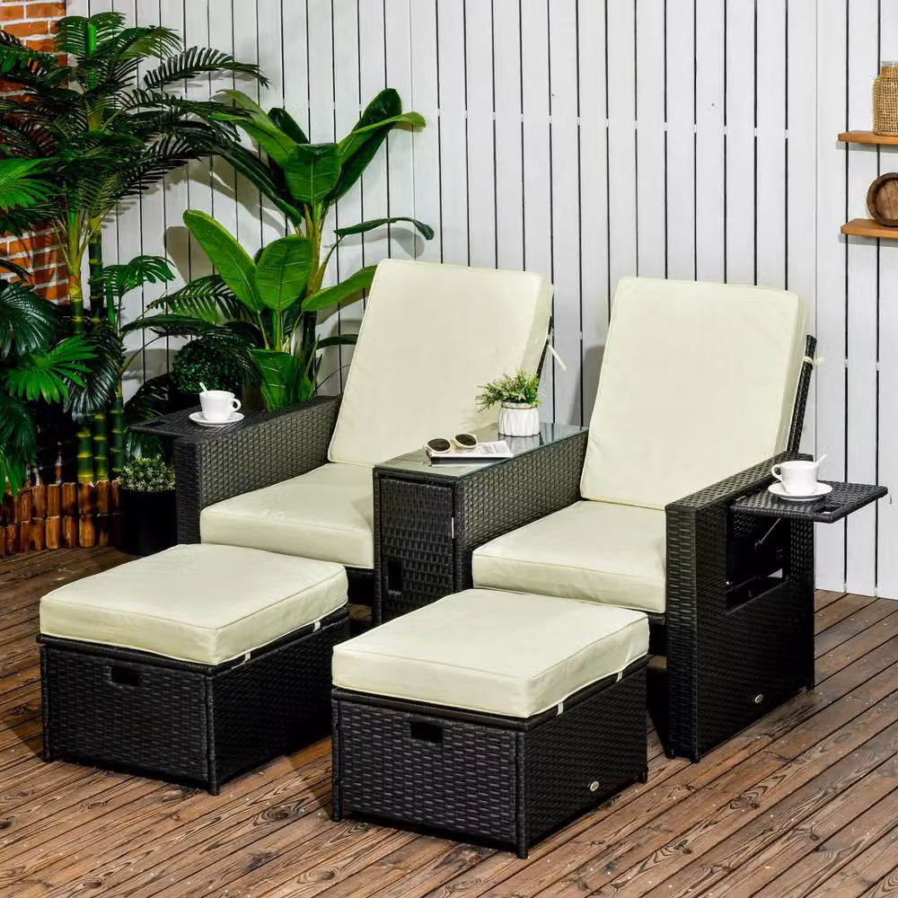 ERGOVEXA 5-Piece Black Polyrattan Sun Lounger Set with 5-Level Adjustable Headrest for Outdoor Garden Use – 2