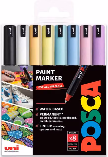 Posca PC-1MR Permanent Paint Marker Art Pens, 0.7mm Fine Tip, Pastel Pink and Multicolour, Pack of 8
