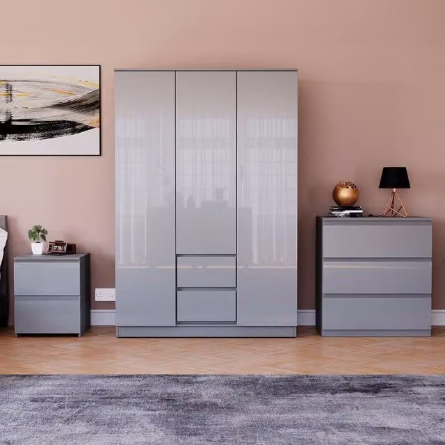 HD Designs Vida Designs Glinton 3 Piece Grey Glossy Bedroom Set