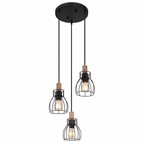 Globo Lighting Vintage Pendant Light in Brown and Black with Wood and Metal Cage Shades, 3x E27, Diameter: 35.5 cm, Height: 120 cm