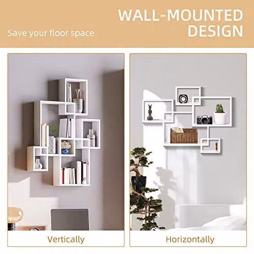 HOMCOM White Interlocking Cube Floating Shelves, Wall Mounted Modern Wood Decoration – 2