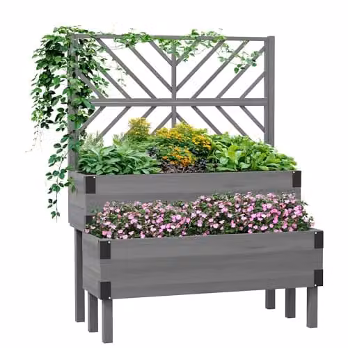 Outsunny 2-Tier Grey Wooden Raised Garden Bed with Trellis, W/D/H: 140 x 62.5 x 108 cm