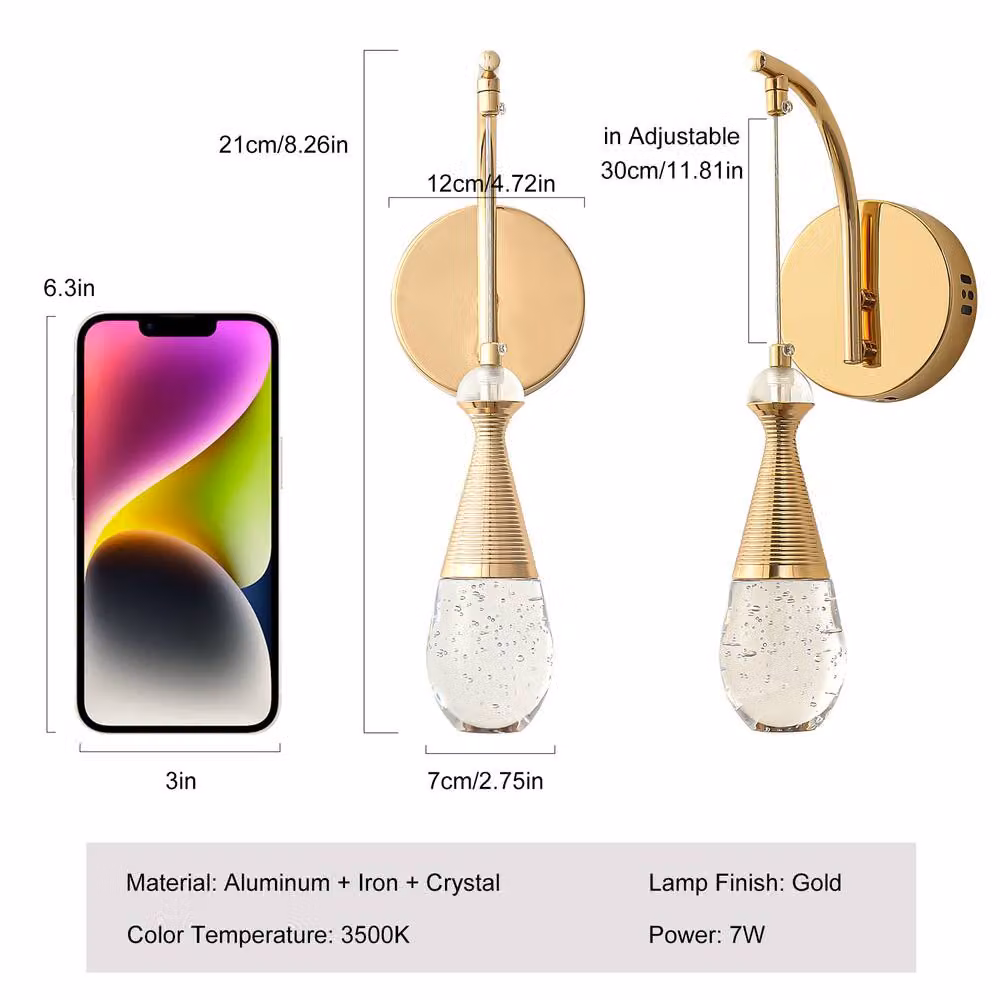 NIVOR Modern LED Gold and Transparent Crystal Swing Arm Wall Sconce with Adjustable Height and Warm White Light – 2