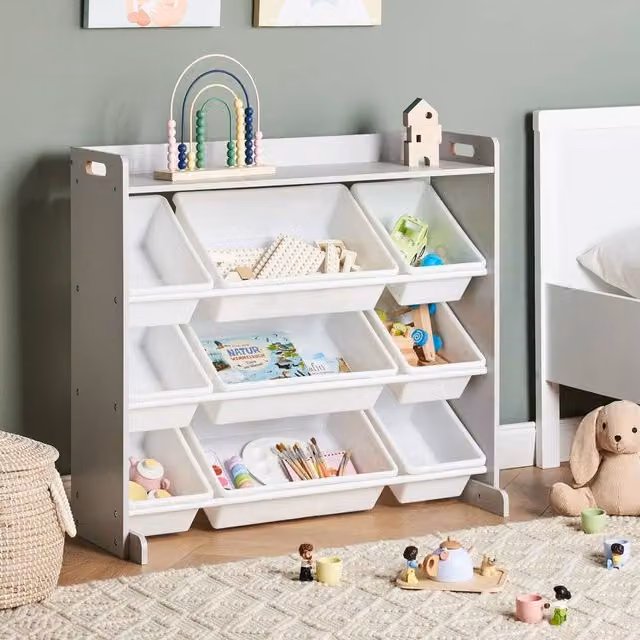 Wyld and Coco Nine-Bin Freestanding Cube Storage Shelf in Grey and White, W86 x D39 x H78 cm – 1