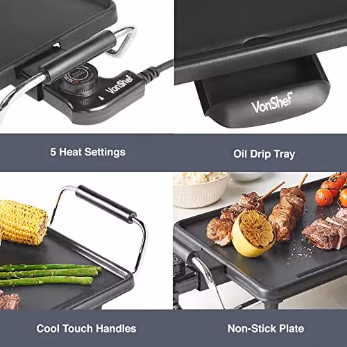 VonShef Large Teppanyaki Electric Griddle, 2000W Non-Stick BBQ Table Top Grill in Black, W/D/H: 46 x 26 x 10 cm – 3