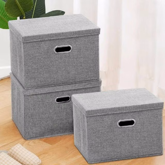 NESTLUNE Set of 3 Extra Large Foldable Storage Boxes with Lids in Grey