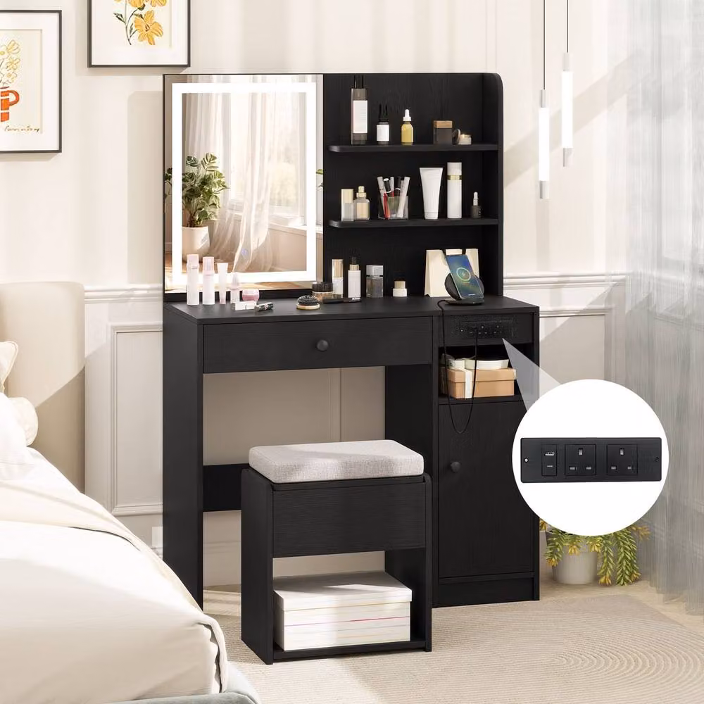 Costway Wooden Vanity Desk with Stool and Hollywood LED Mirror in Black – 5