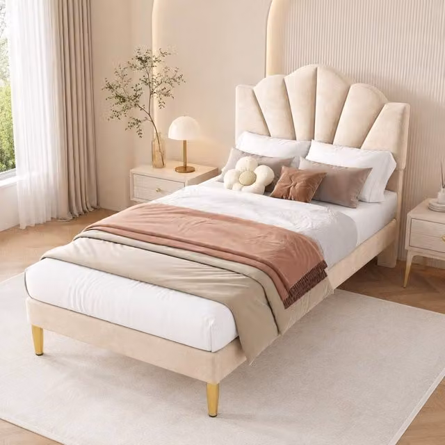 STILVORA Single 3ft Upholstered Velvet Bed in Beige with Gold Details, W/D/H: 90 x 190 x 150 cm – 1