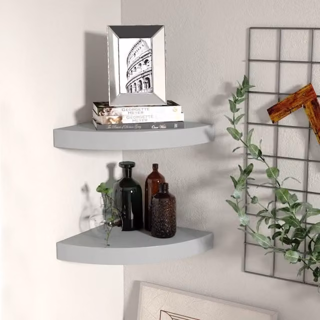 Berkfield Home Floating Corner Shelves, 2 Piece Grey MDF Wall Mounted Shelving, W/D/H: 25 x 25 x 3.8 cm – 1