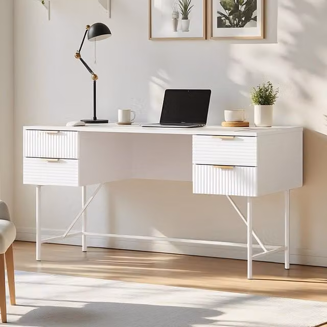 Komore Modern Striped Computer Desk in White