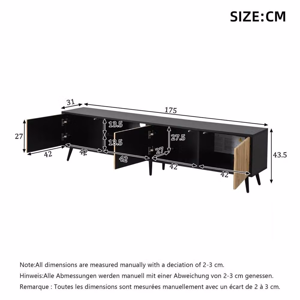 ERGOVEXA Mid-Century Modern Entertainment Centre with Wood Grain Doors and Integrated Lighting in Black and Multicolour – 2