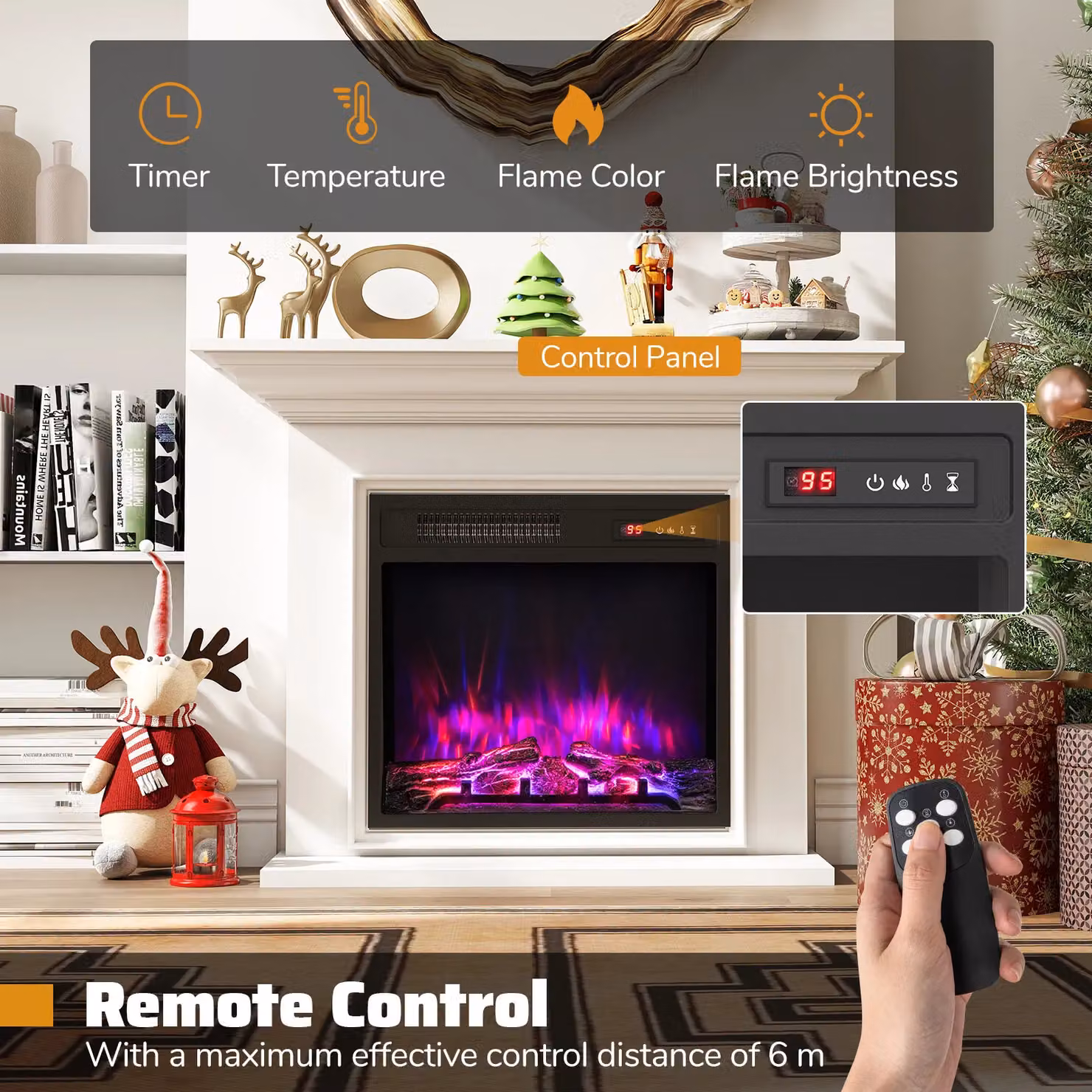 Costway 20 inch Electric Fireplace Insert with 750W/1500W Heater and 9H Timer, Black – 4