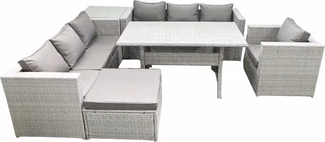 Fimous 6 Piece Outdoor Rattan Sofa Set with Cushions, Armchair, Dining Table, Side Table and Footstool in Light Grey