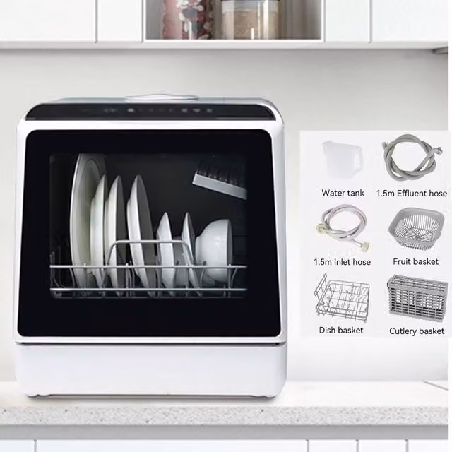 FLAVORA 5L Table Top Mini Dishwasher with LED and Basket in White – 1