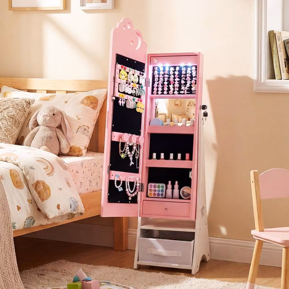Costway Kids Jewelry Cabinet with LED Lighting and Full-Length Mirror in Pink – 7