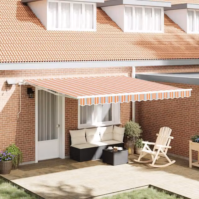 Berkfield Home Manual Retractable Wall-Mounted Awning with Multicolour LED Striped Fabric, W: 400 cm, D: 300 cm – 1