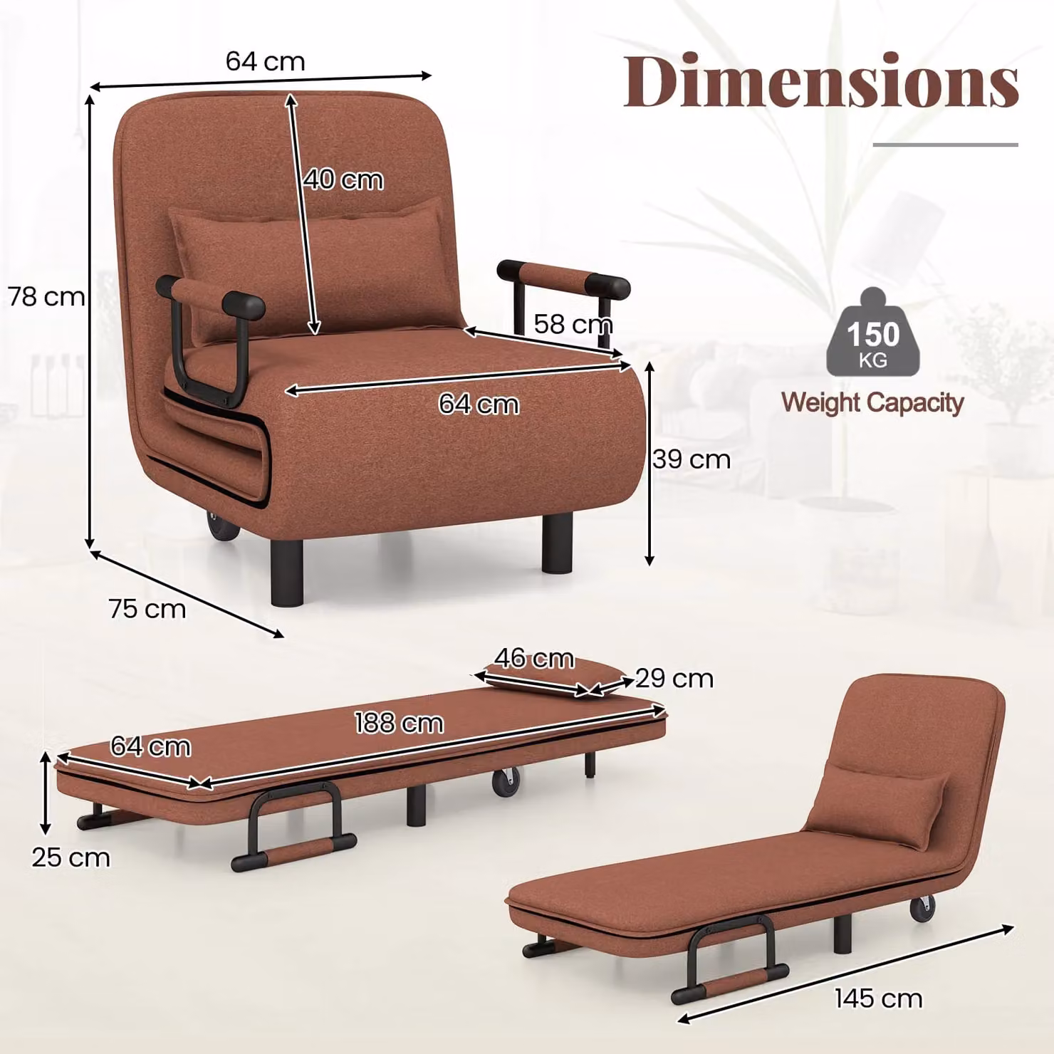 Costway Modern Fabric Single Folding Sofa Bed Chair in Dark Brown – 2