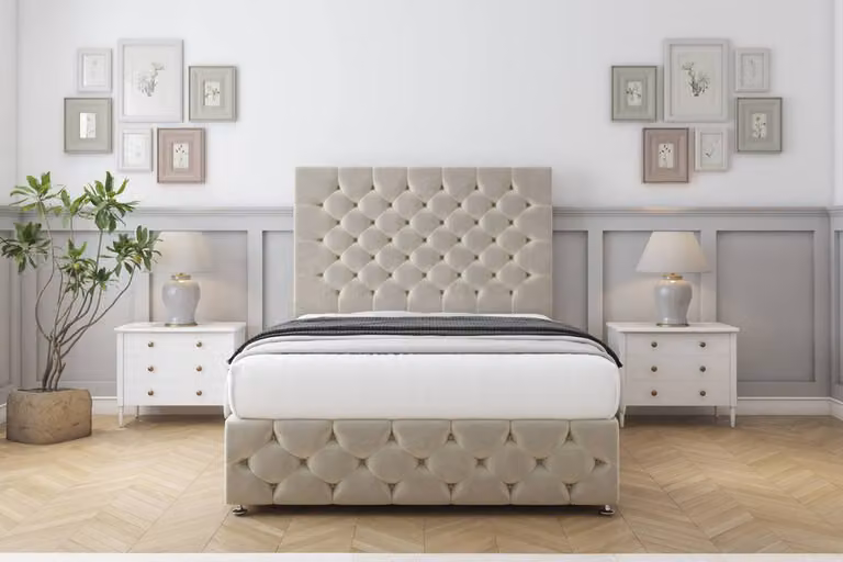 Sloomy Watson Plush Divan Set in Beige, Super King Size, W/D/H: 200 x 152.4 x 25.4 cm