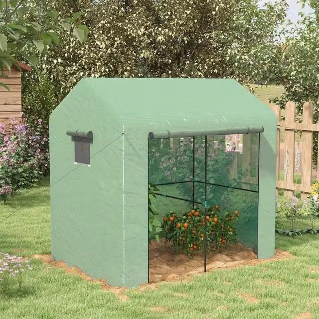 OUTSUNNY Green Walk-in Greenhouse with Roll-up Door and Mesh Windows, W/D/H: 200 x 140 x 200 cm – 1
