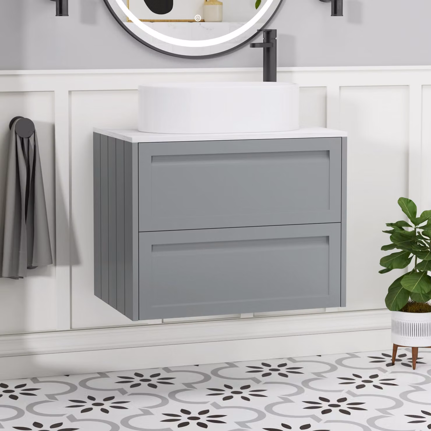 Royal Bathrooms Elmore Wall Hung Countertop Vanity Unit with Peak Basin, Matt Pebble Grey, Width: 70 cm