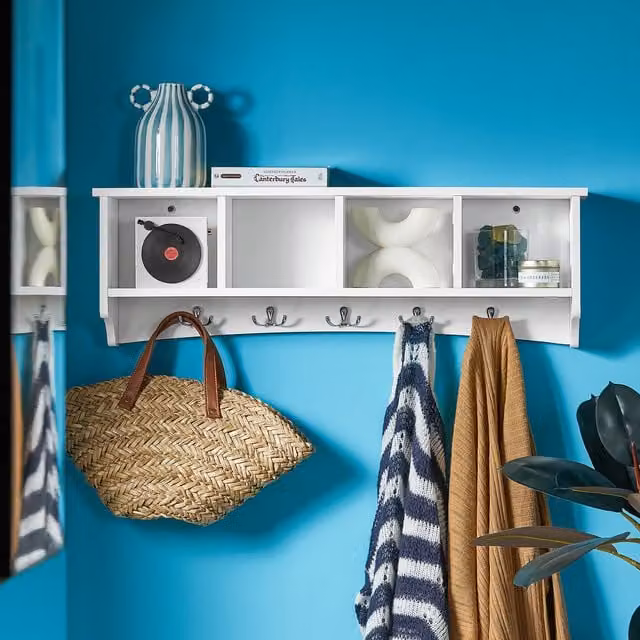 SoBuy Modern White Wall Storage Unit with 4 Compartments and 5 Hooks