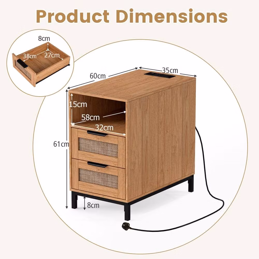 Gymax Narrow Brown Rattan Side Table with Charging Station and 2 Drawers – 2