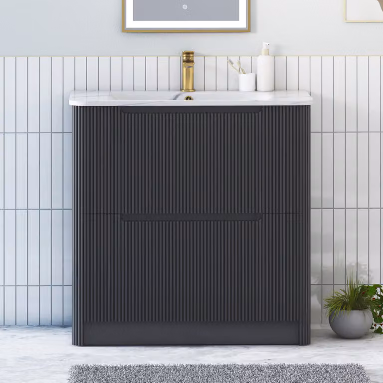 Royal Bathrooms Avenza 800mm Matt Obsidian Black Floor Standing 2 Drawer Vanity Unit with Carrara White Basin