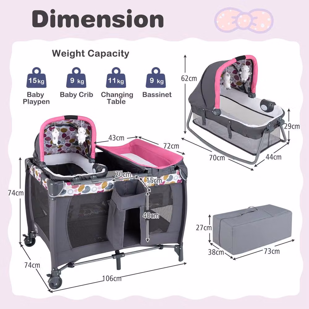Costway Foldable Pack and Play Portable Baby Playard with Rocking Bassinet and Music Box in Pink – 4