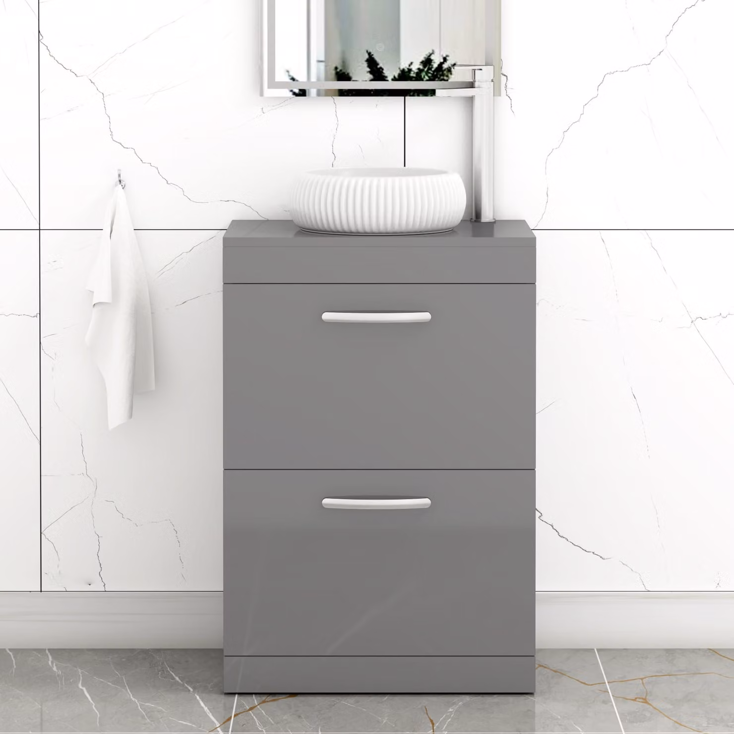 Royal Bathrooms Turin 500mm Floor Standing 2 Drawer Vanity Unit with Countertop Basin in Indigo Grey Gloss