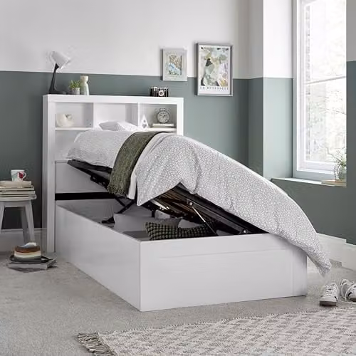 Bedmaster Oscar White Wooden Ottoman Bed Frame with Bookcase Storage and Lift Up Base, Single, W/D/H: 90 x 190 cm
