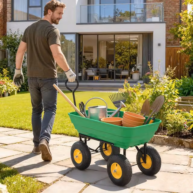 OUTSUNNY Green Steel Garden Cart Trolley with 4 Wheels – 1