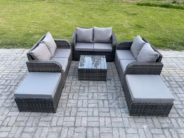Fimous 8 Seater High Back Rattan Garden Furniture Set in Grey with Square Coffee Table, Love Sofa and 2 Footstools