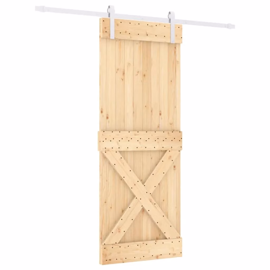 Berkfield Home Rustic Solid Wood Pine Sliding Door with Hardware Set, Brown, W: 80 cm, H: 210 cm