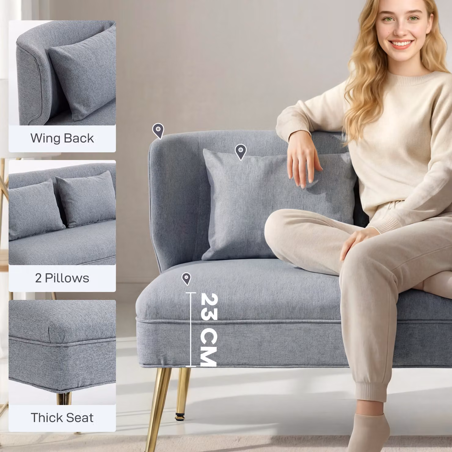 HOMCOM 2 Seater Wing Back Sofa in Grey Linen-look Fabric with Metal Legs – 4