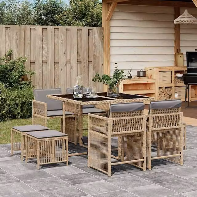 Berkfield Home 9 Piece Poly Rattan Garden Dining Set with Cushions in Beige – 1
