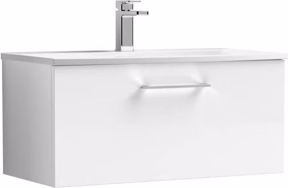 Balterley Modern Glossy White Wall-Hung Curved Basin Vanity Unit with 1 Drawer, Width: 80 cm