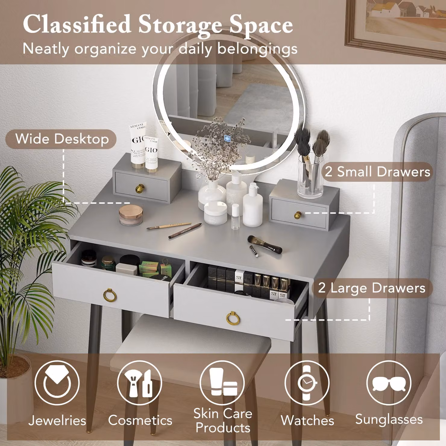 Gymax Grey Dressing Table with Stool and LED Lighted Hollywood Mirror and Drawers – 3