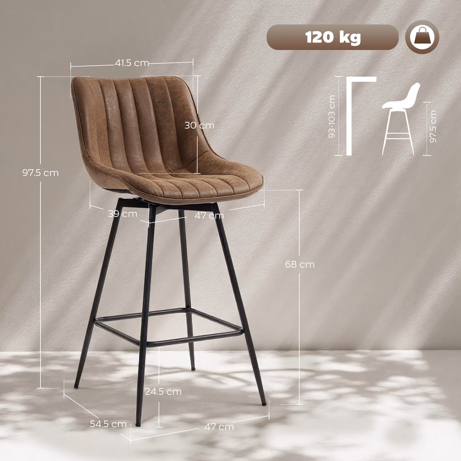 HOMCOM Set of 2 Brown PU Leather Swivel Bar Stools – 3