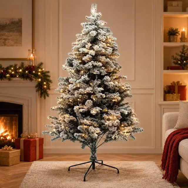 Gr8 Home 7ft Snow Flocked Pre-Lit Christmas Tree with Warm White LED Lights in Green