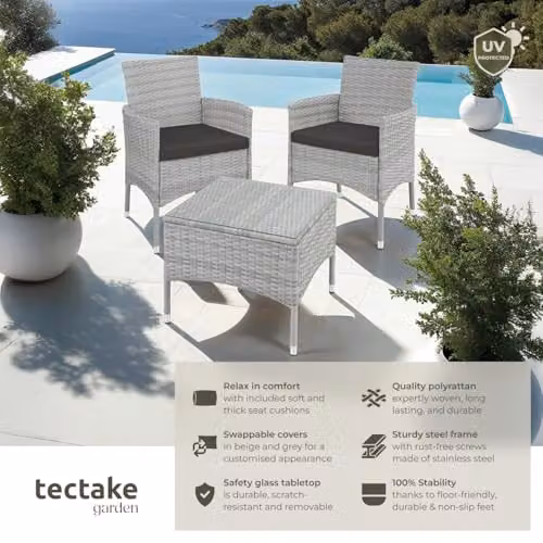 tectake Lucerne Rattan Garden Furniture Set with Glass Tabletop and Cushions in Light Grey – 2